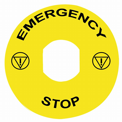 Etykieta okrągła, śr. 90- żółte tło "Wyłącznik awaryjny"