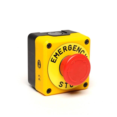 Kaseta czarno-żółta, stop bezpieczeństwa, ryglowany 40 mm (1NC) z tabliczką opisową "Emergency Stop"