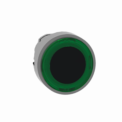 Przycisk płaski zielony samopowrotny podświetlany pierścień metalowy typowa