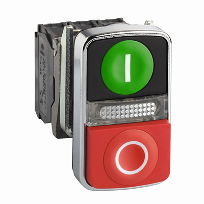 Przycisk podwójny zielony/czerwony LED 240V metalowy typowa I/O
