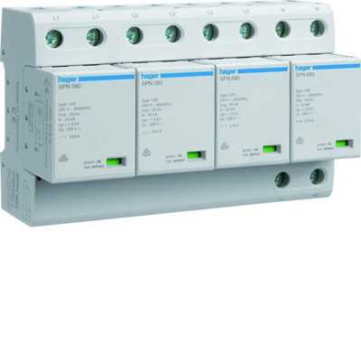 SPD Ogranicznik przepięć T1 kombinowany 4P TN-S, 100 kA, Up≤1,5 kV, styk sygnal.